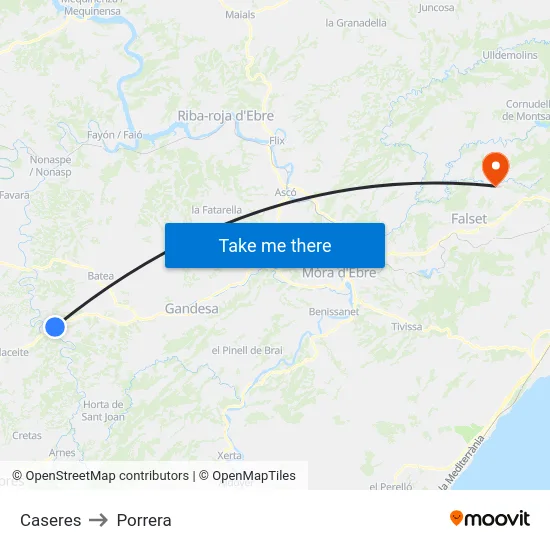 Caseres to Porrera map