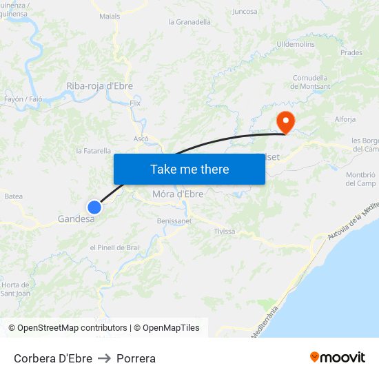 Corbera D'Ebre to Porrera map