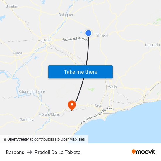 Barbens to Pradell De La Teixeta map