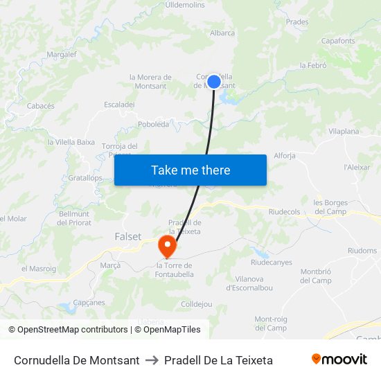 Cornudella De Montsant to Pradell De La Teixeta map