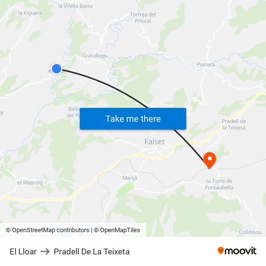 El Lloar to Pradell De La Teixeta map