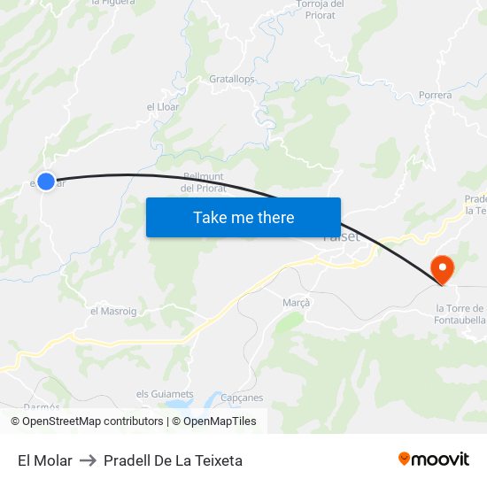 El Molar to Pradell De La Teixeta map