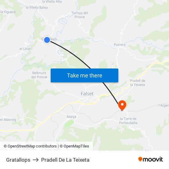 Gratallops to Pradell De La Teixeta map