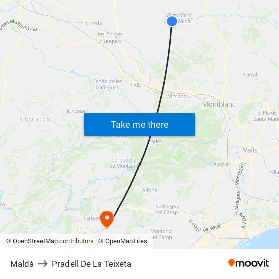 Maldà to Pradell De La Teixeta map
