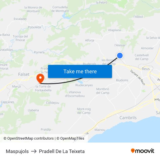 Maspujols to Pradell De La Teixeta map