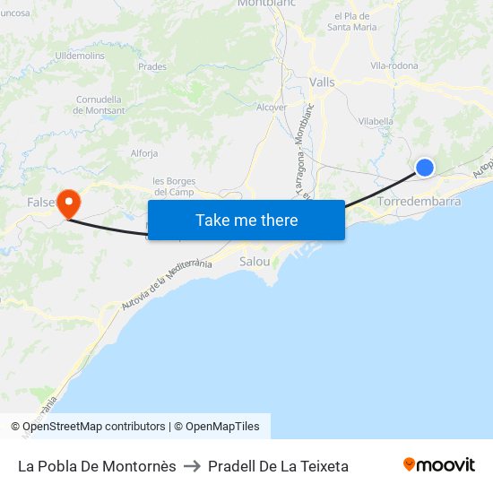 La Pobla De Montornès to Pradell De La Teixeta map