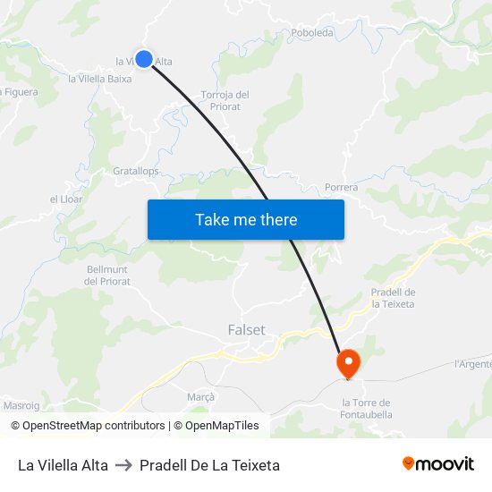 La Vilella Alta to Pradell De La Teixeta map