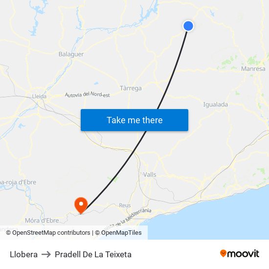 Llobera to Pradell De La Teixeta map