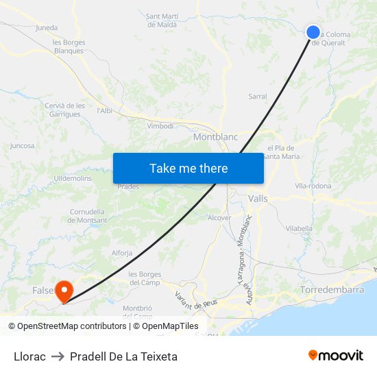 Llorac to Pradell De La Teixeta map