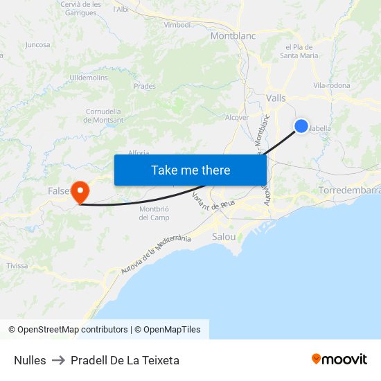 Nulles to Pradell De La Teixeta map