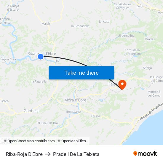Riba-Roja D'Ebre to Pradell De La Teixeta map