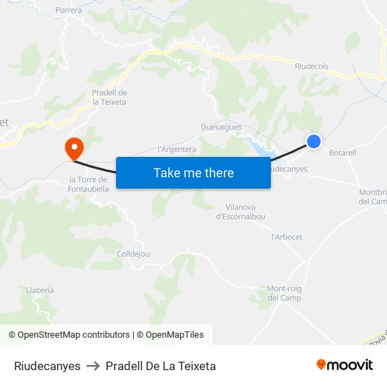 Riudecanyes to Pradell De La Teixeta map