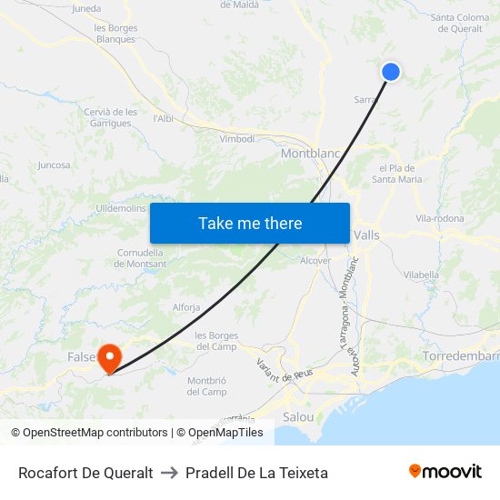 Rocafort De Queralt to Pradell De La Teixeta map