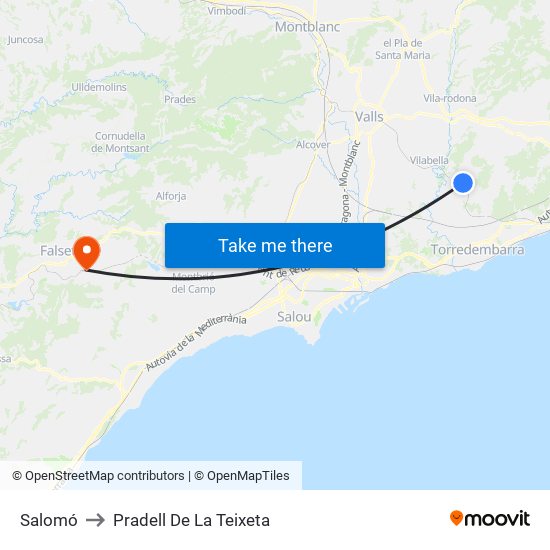 Salomó to Pradell De La Teixeta map
