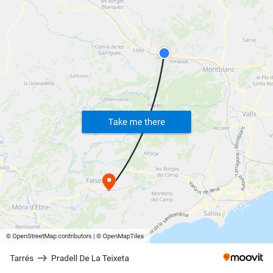 Tarrés to Pradell De La Teixeta map