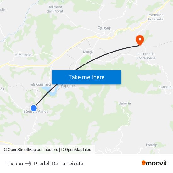 Tivissa to Pradell De La Teixeta map