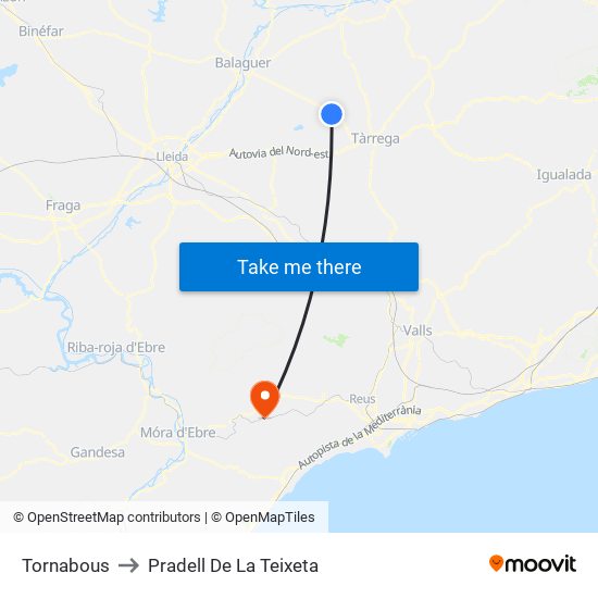 Tornabous to Pradell De La Teixeta map
