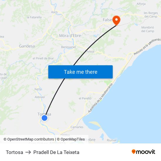 Tortosa to Pradell De La Teixeta map