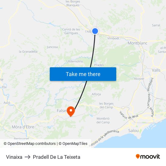 Vinaixa to Pradell De La Teixeta map