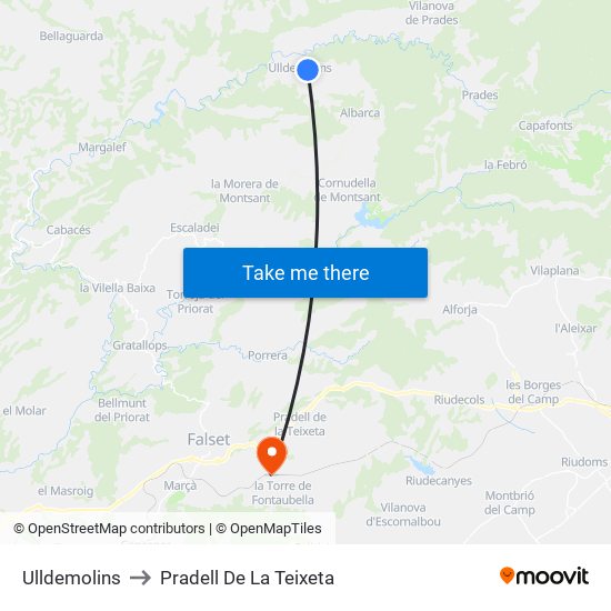 Ulldemolins to Pradell De La Teixeta map