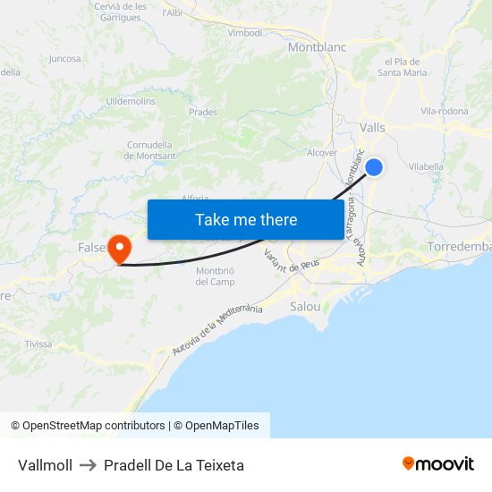 Vallmoll to Pradell De La Teixeta map