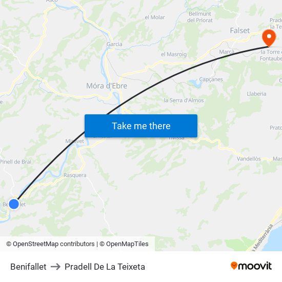 Benifallet to Pradell De La Teixeta map