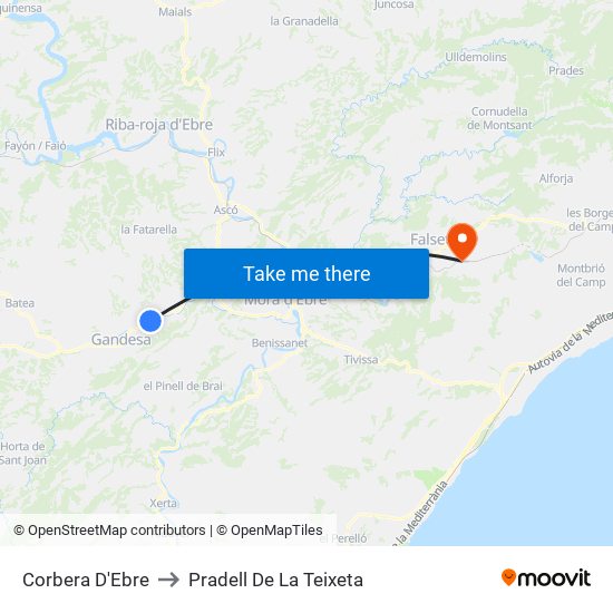 Corbera D'Ebre to Pradell De La Teixeta map