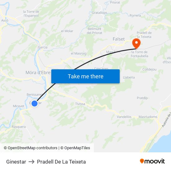 Ginestar to Pradell De La Teixeta map