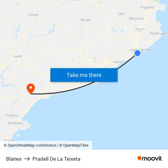 Blanes to Pradell De La Teixeta map