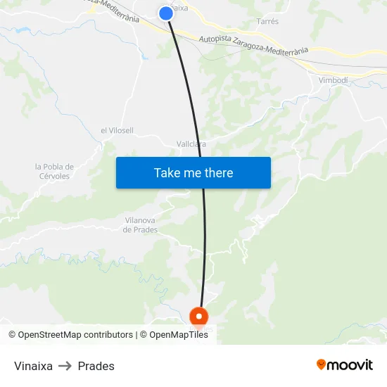 Vinaixa to Prades map