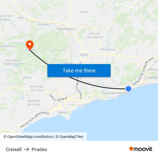 Creixell to Prades map