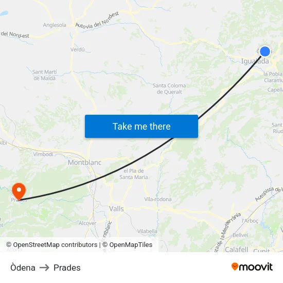 Òdena to Prades map