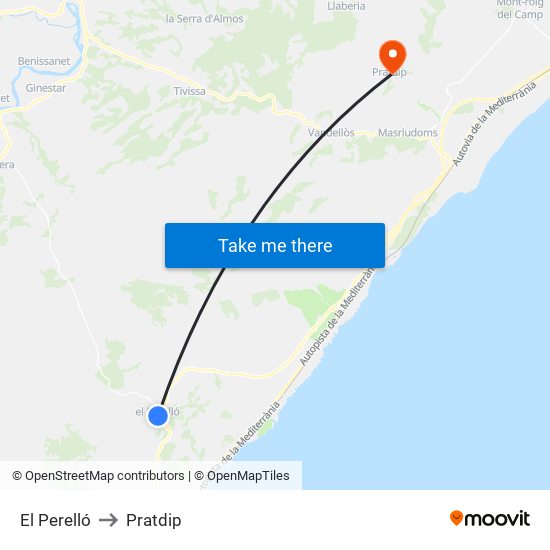 El Perelló to Pratdip map