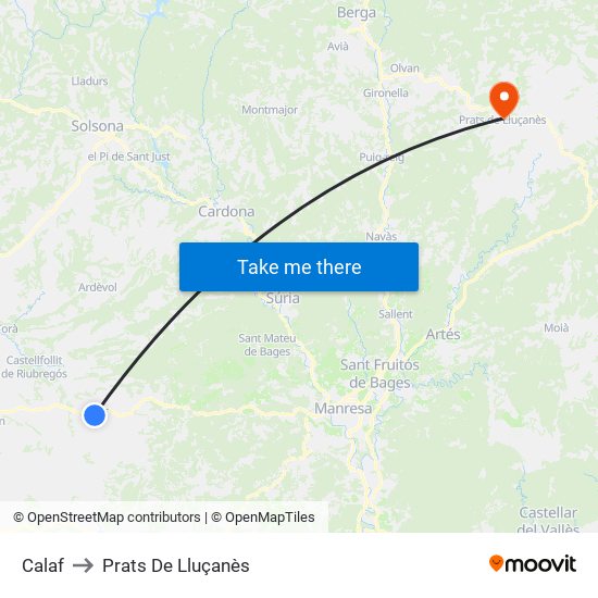 Calaf to Prats De Lluçanès map