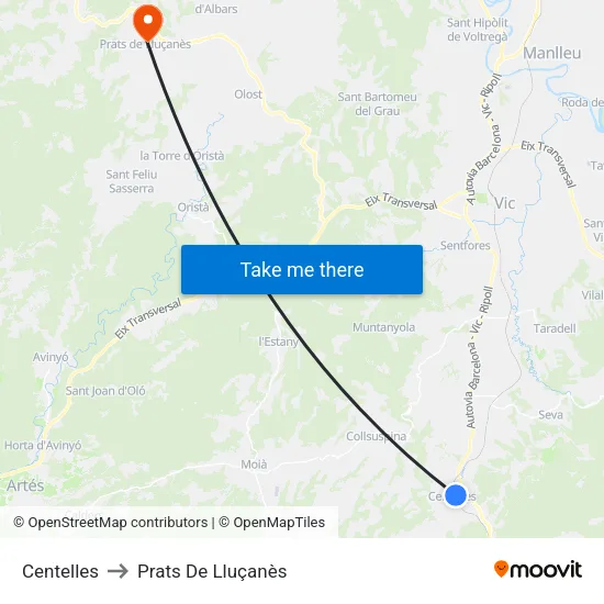 Centelles to Prats De Lluçanès map