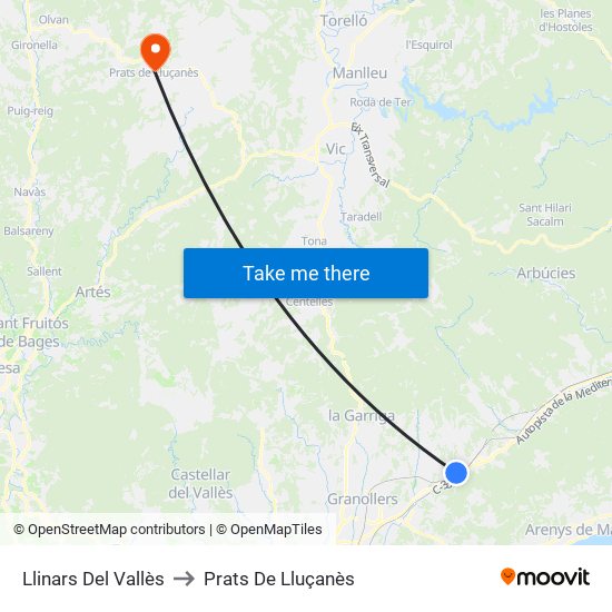 Llinars Del Vallès to Prats De Lluçanès map