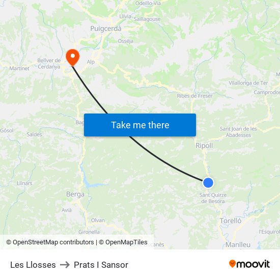 Les Llosses to Prats I Sansor map