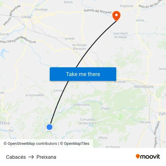 Cabacés to Preixana map