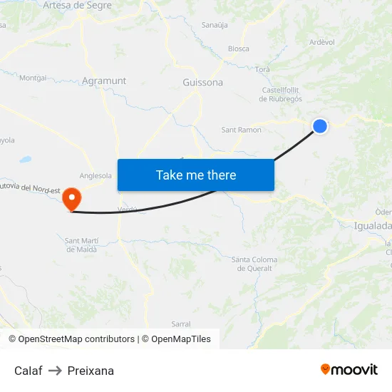 Calaf to Preixana map