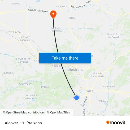 Alcover to Preixana map