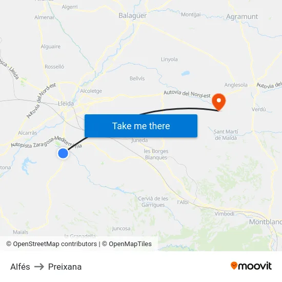 Alfés to Preixana map