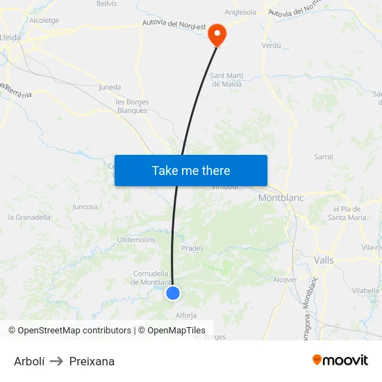 Arbolí to Preixana map