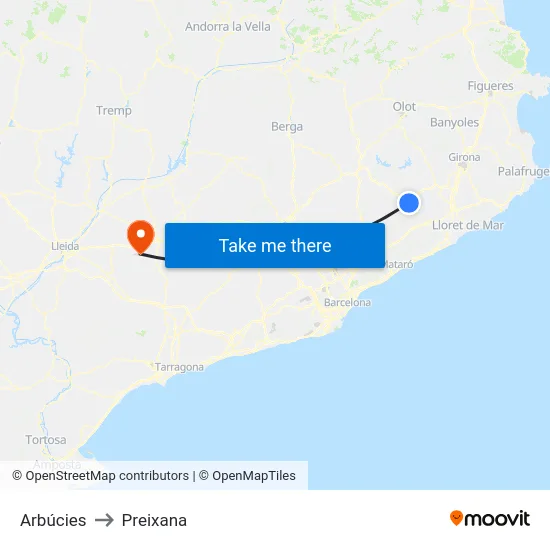 Arbúcies to Preixana map