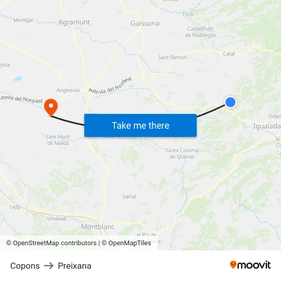 Copons to Preixana map