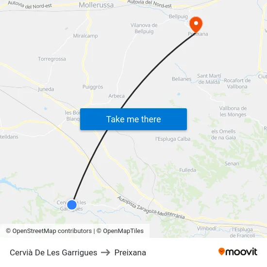 Cervià De Les Garrigues to Preixana map