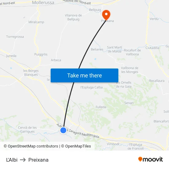 L'Albi to Preixana map