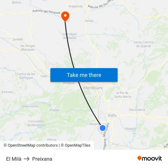 El Milà to Preixana map