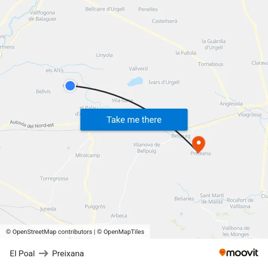 El Poal to Preixana map