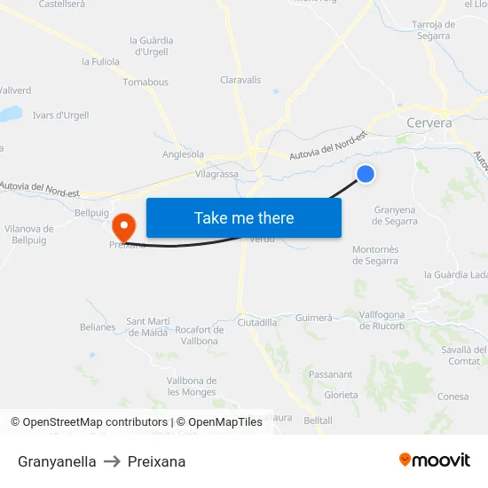 Granyanella to Preixana map