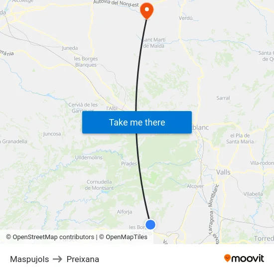 Maspujols to Preixana map